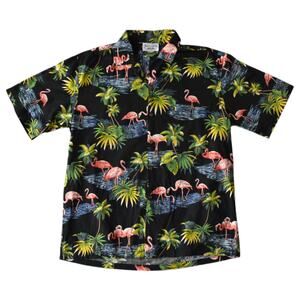 Pacific Legend Men's Hawaiian Shirt Large Black Pink Flamingo Tropical Cotton